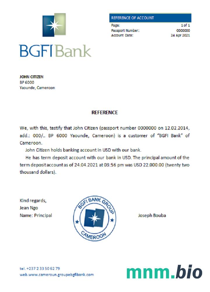 Kamerun BGFI Bank Bonapriso przykład odniesienia w formatach Word i PDF
